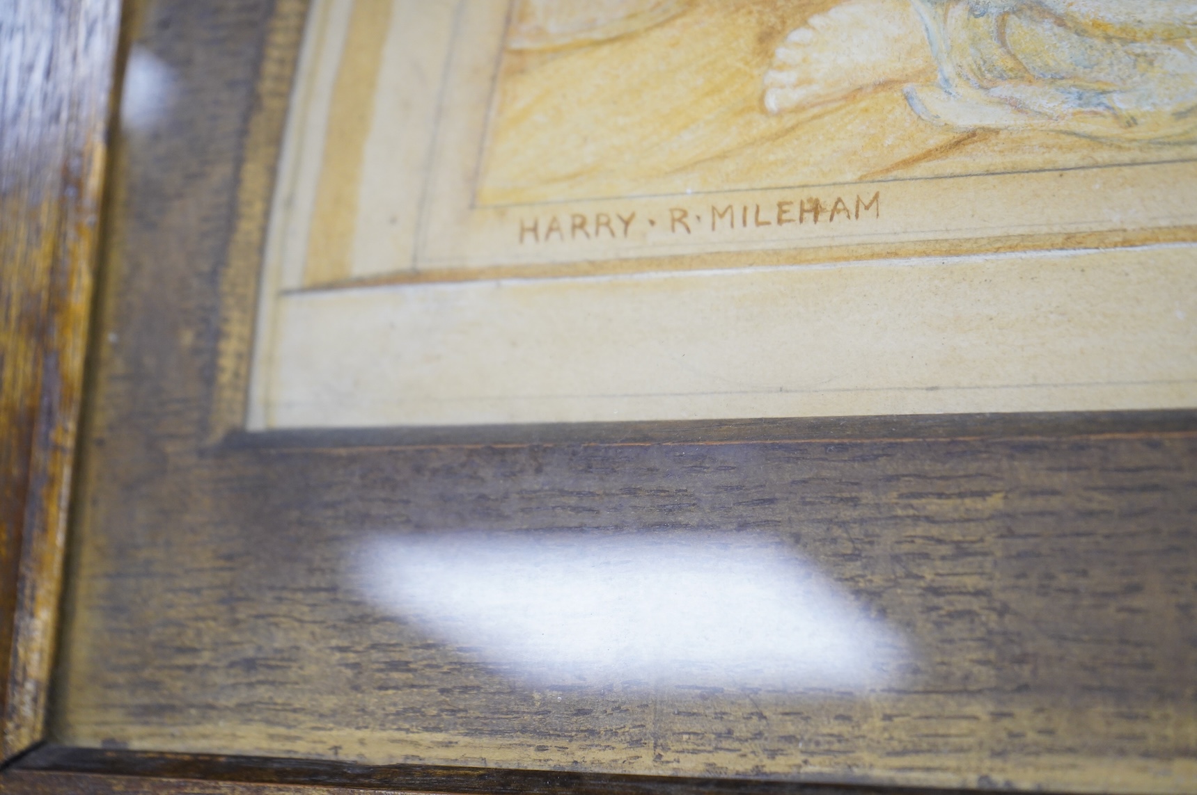 Harry Mileham (1873-1957), 'The Vintage', signed, fan shaped watercolour heightened with white, together with a catalogue of works by the artist, 42 x 84cm